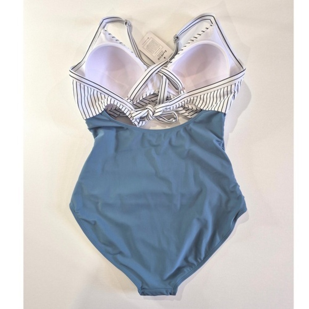Eomenie Womens One Piece Swimsuit Blue White Striped Ruched Tummy Control Large - Picture 5 of 6